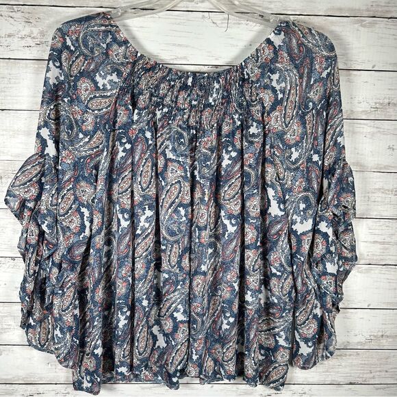 Jeans by Buffalo Smock Front And Back With Ruffle Angel Sleeves Blue Paisley L - Picture 6 of 6
